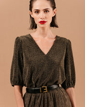 Load image into Gallery viewer, Grace and Mila Living knitted lurex V neck top Gold
