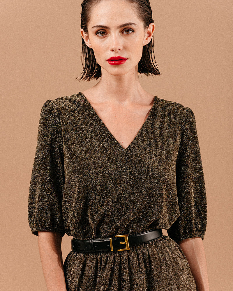 Grace and Mila Living knitted lurex V neck top Gold