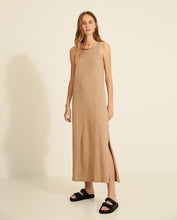Load image into Gallery viewer, Yerse Long length slub jersey dress with woven detailing in Camel
