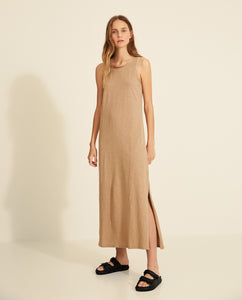 Yerse Long length slub jersey dress with woven detailing in Camel