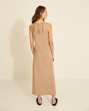 Load image into Gallery viewer, Yerse Long length slub jersey dress with woven detailing in Camel
