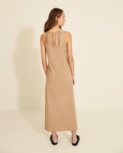Yerse Long length slub jersey dress with woven detailing in Camel