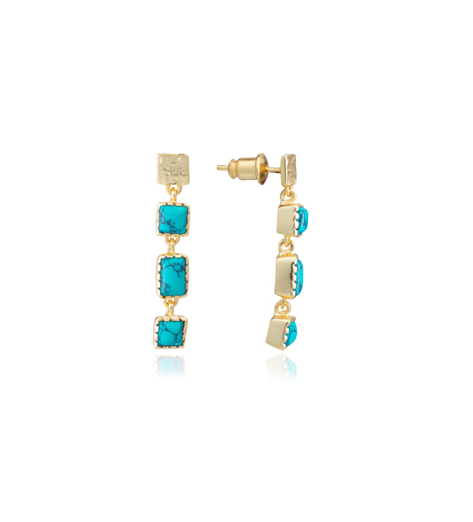 Azuni Mosaic drop stud long earring in gold with Magnesite Turquoise - CW CW 