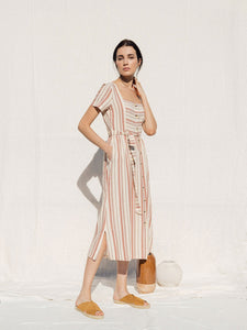 Indi & cold yarn dyed vertical stripe linen dress Terracotta
