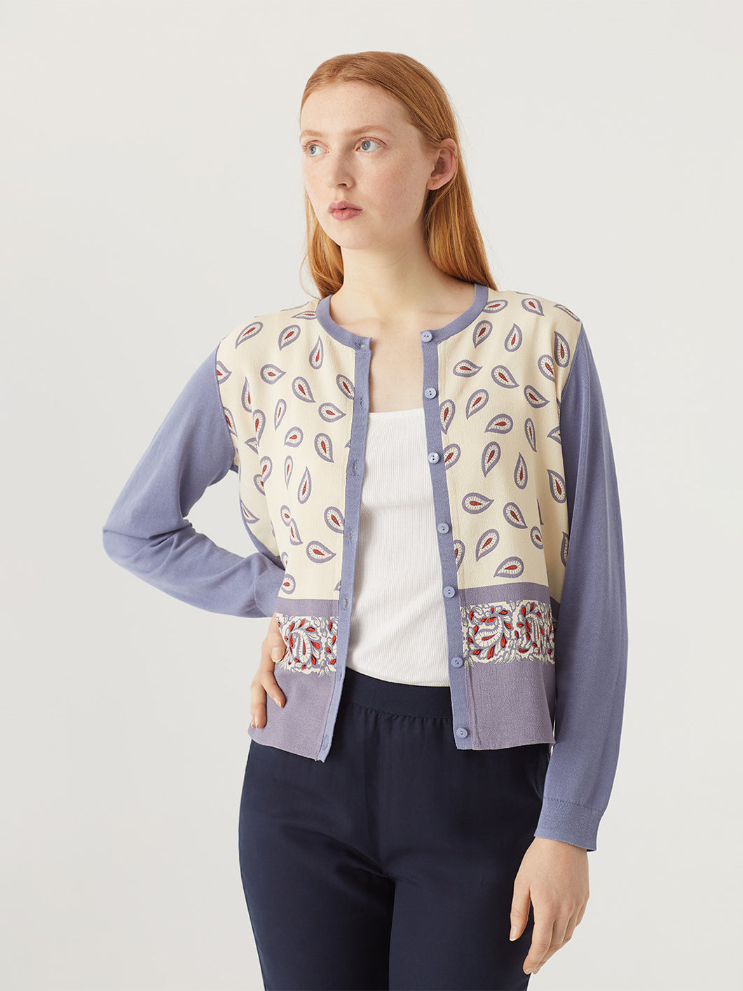 Nice Things Paisley print woven panel front knitted cardigan Lavender