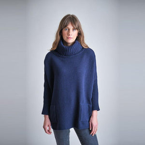 Bibico Adela oversized roll neck jumper with side patch pockets in Navy