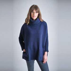 Bibico Adela oversized roll neck jumper with side patch pockets in Navy