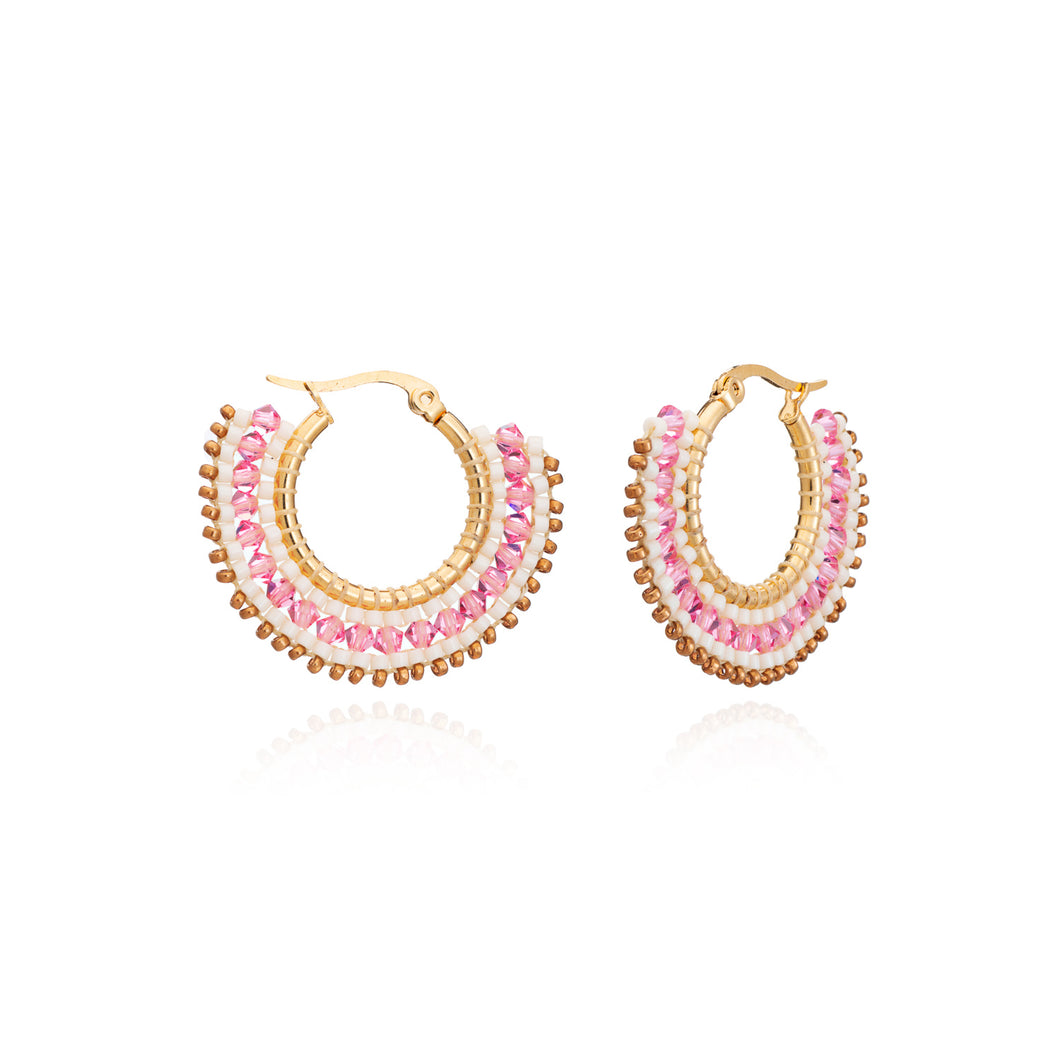 Azuni Awa small bead and crystal hoop earrings in Cream, pink and bronze - CW CW 