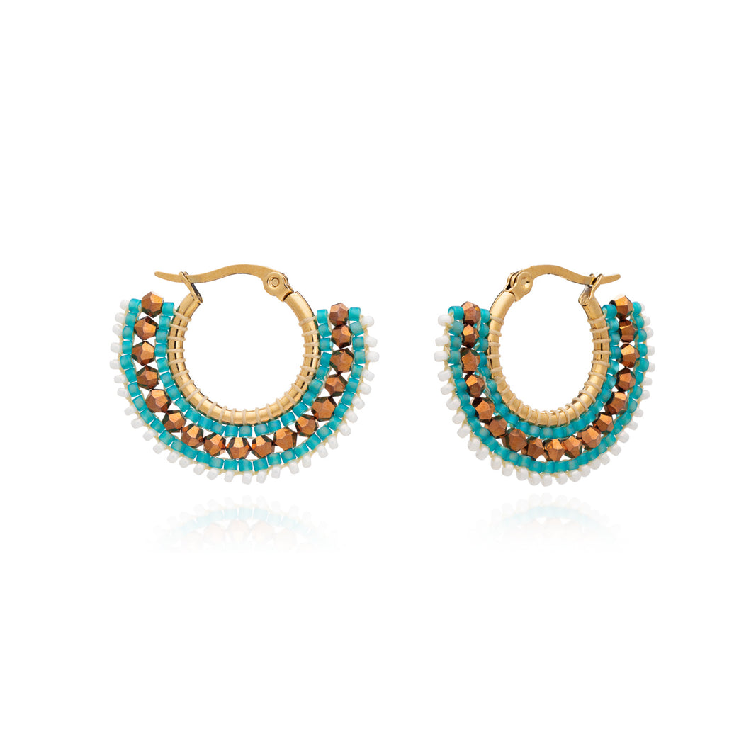 Azuni Awa small bead and crystal hoop earrings in Cream, turquoise and bronze - CW CW 