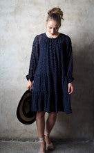 Load image into Gallery viewer, Part Two Banu georgette polka dot dress with tiered hem in Dark navy - CW CW 
