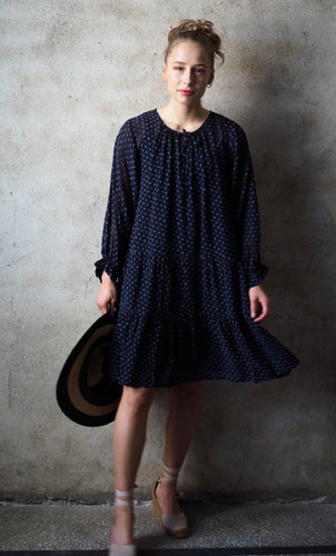 Part Two Banu georgette polka dot dress with tiered hem in Dark navy - CW CW 