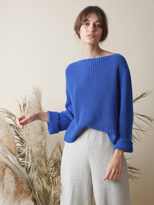 Indi & Cold boat neck cotton mix ribbed jumper in Cobalt blue - CW CW 
