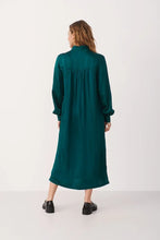 Load image into Gallery viewer, Part Two Rie textured sateen scarf neck dress Botanical Green
