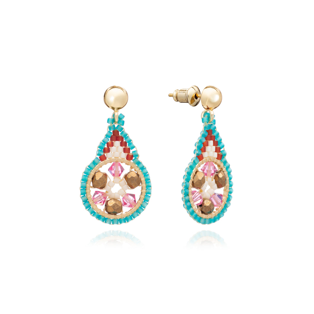 Azuni Ponca drop hoop crystal earrings in Turquoise, pink and bronze - CW CW 