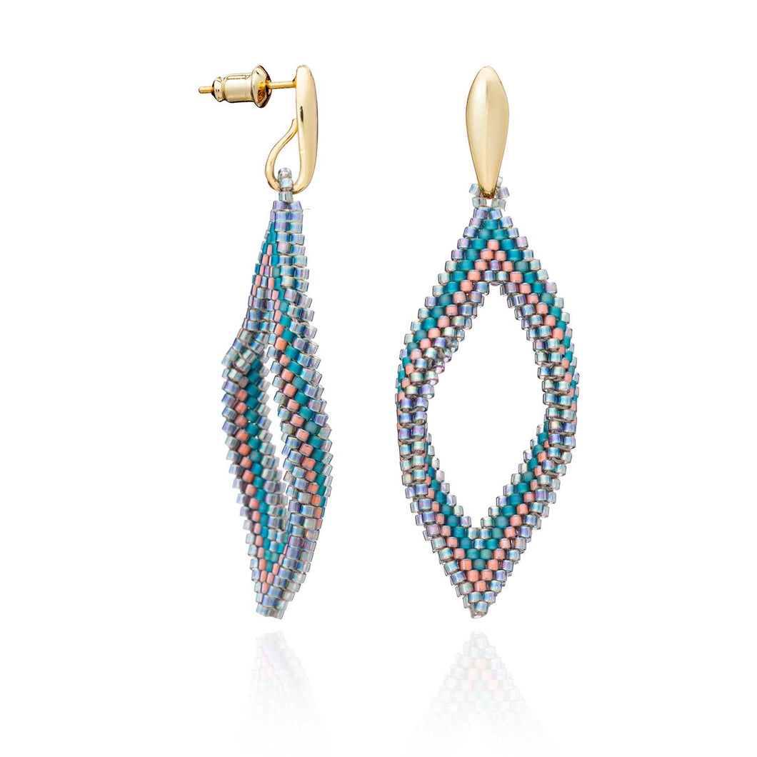 Azuni Yasi twisted bead earrings in Gold with blue, pink and grey beads - CW CW 
