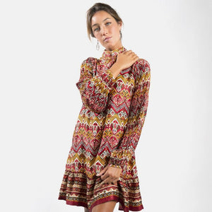 Boho Bijoux Aztec print satin short dress with high neck Wine Multi