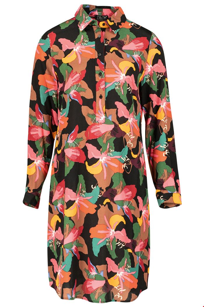 Zilch Lily print long sleeve shirt dress in Black Multi