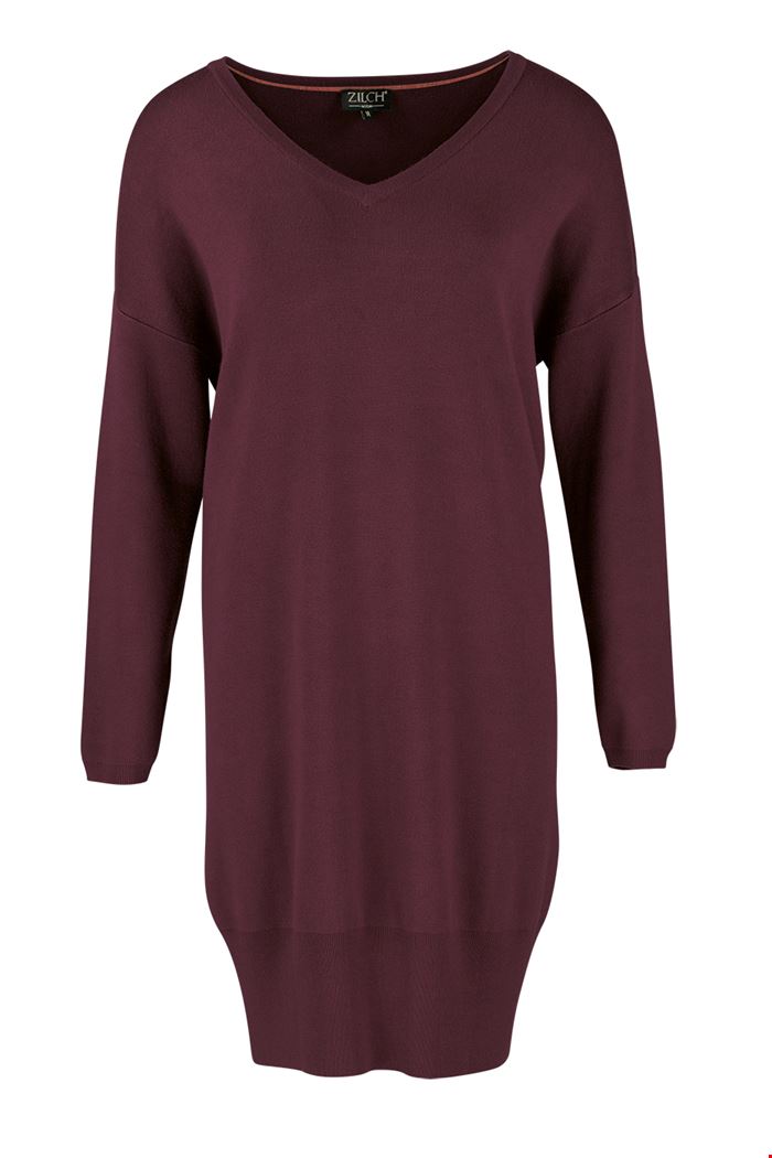 Zilch Knitted V neck bamboo jumper dress in Port