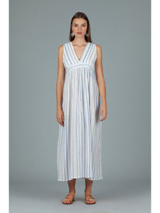 Handprint Dream Apparel vertical stripe jacquard empire line dress in White
