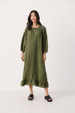 Load image into Gallery viewer, Part Two Sisse button through linen dress Kalamata
