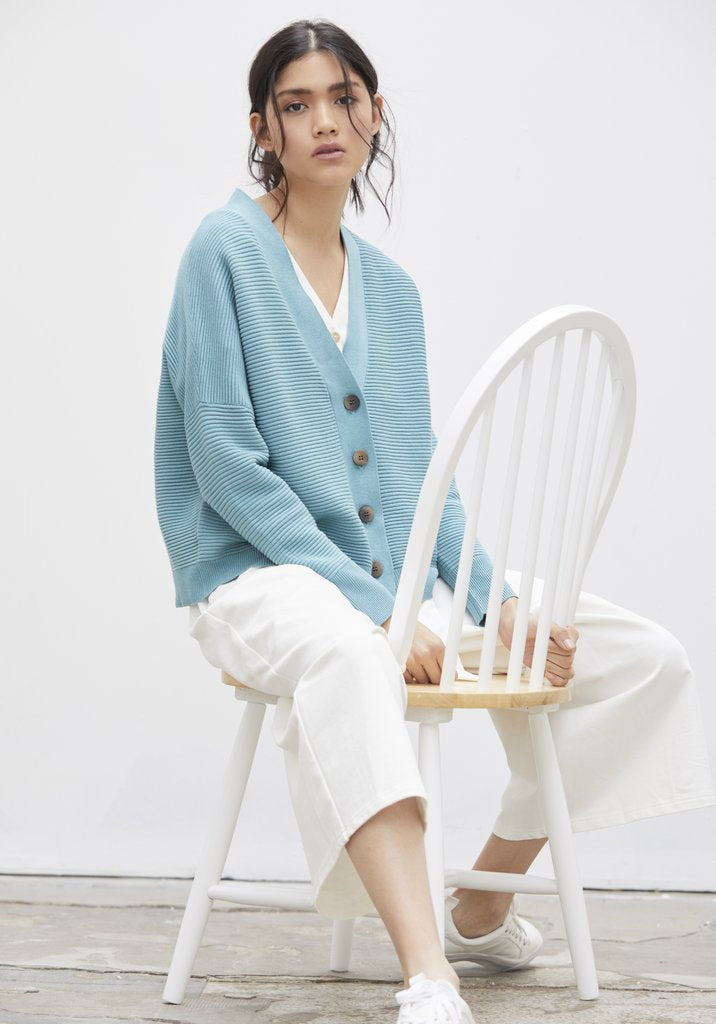 Paisie boxy ribbed cardigan in Duck Egg - CW CW 