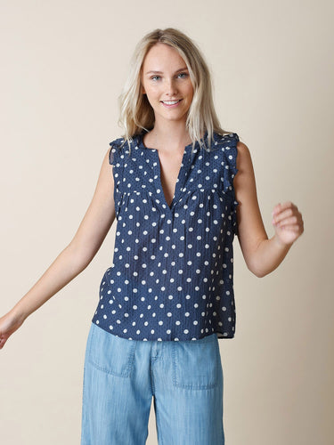 Indi & Cold Polka dot sleeveless top with ruffles in Marino - CW CW 