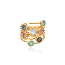 Load image into Gallery viewer, Azuni Iona seven stone entwined ring in Gold with Aqua Chalcedony, Peach Moonstone and White Moonstone - CW CW 
