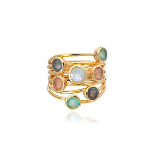 Azuni Iona seven stone entwined ring in Gold with Aqua Chalcedony, Peach Moonstone and White Moonstone - CW CW 