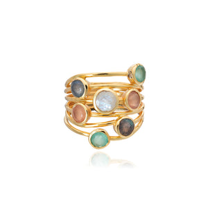 Azuni Iona seven stone entwined ring in Gold with Aqua Chalcedony, Peach Moonstone and White Moonstone - CW CW 