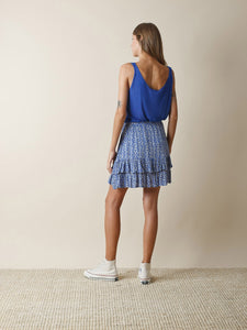 Indi & Cold Woodblock print tiered casual short skirt in Cobalt blue - CW CW 