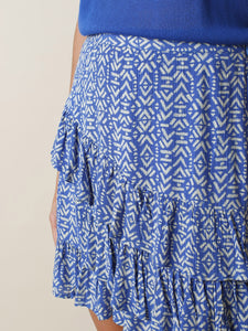 Indi & Cold Woodblock print tiered casual short skirt in Cobalt blue - CW CW 