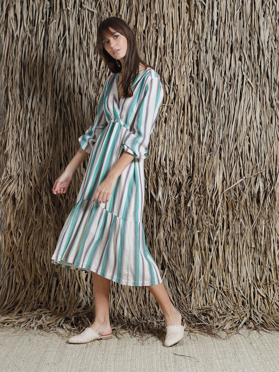 Indi & Cold Woven striped wrap dress in Green - CW CW 