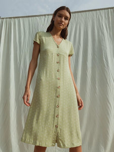 Indi & Cold Beth geometric crinkle button through dress Wasabi